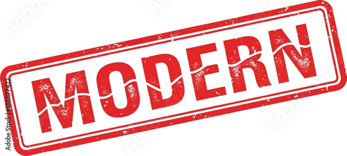 A distressed red rubber stamp displays the word modern in bold uppercase lettering on a white background