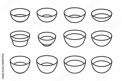 Set of twelve minimalist black and white simple bowl designs.