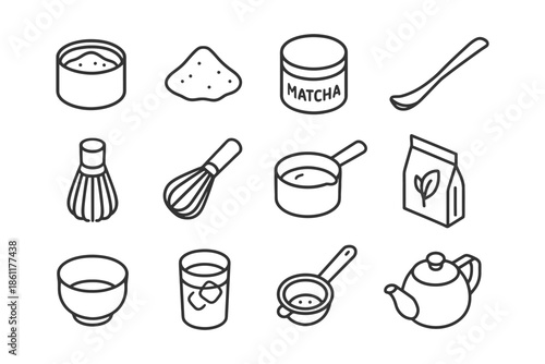 Matcha tea preparation essentials: whisks, bowls, and more icons.