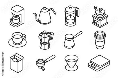 Assorted coffee making equipment line icons featuring pots and cups.