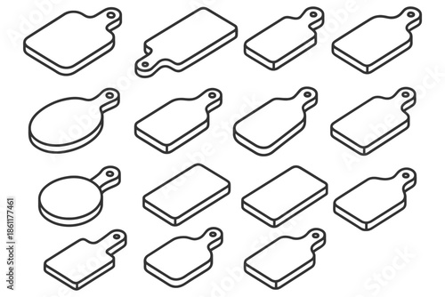 Isometric black and white cutting board pattern with diverse shapes.