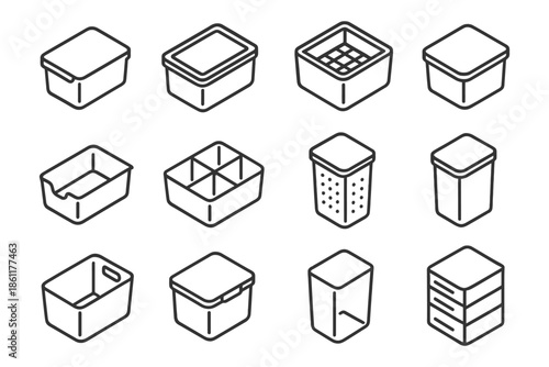 Collection of various container icons in minimalist outline style.