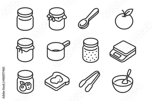 Jam and cooking utensil icons set: jars, spoon, apple, and more.