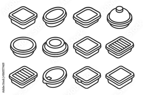 Assorted line art container icons: square, round, oval, and lidded designs.