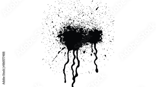 Dynamic black paint splatter with drips on white background