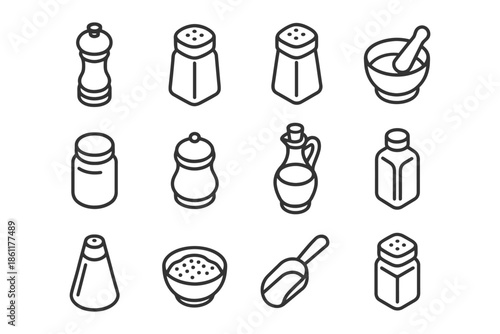 Black and white spice containers icons with mortar and pestle.