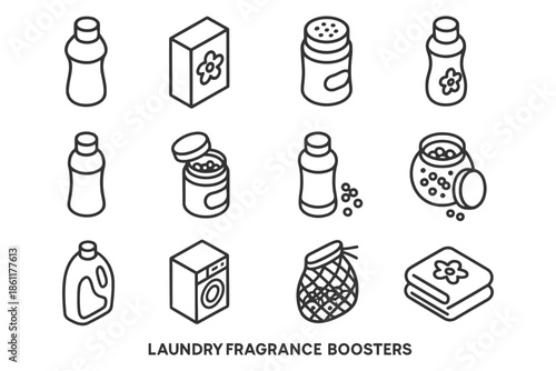Line art collection of laundry fragrance boosters and related items.