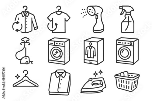 Laundry and garment care icons: washing machines, hangers, and ironing tools.