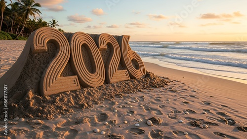 Sand sculpture of 2026 on a serene beach at sunset with palm trees in the background