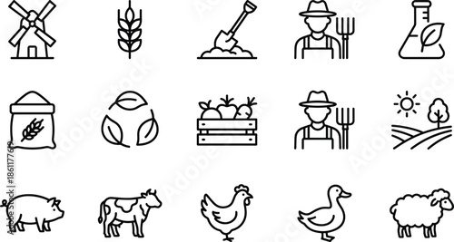 Agriculture Line Icons Set Featuring Farm Animals, Farmer, Windmill, Wheat, Shovel, Pig, Cow, Chicken, Duck, Sheep, and Organic Harvest Elements