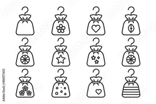 Set of twelve iconic drawstring bags with various decorative patterns.