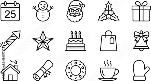 Christmas Line Icons Set Featuring Santa Claus, Snowman, Gift Box, Calendar, Holly Berry, Fireworks, Star, Cake, Shopping Bag, and Holiday Elements