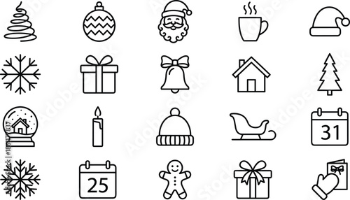 Set of Christmas Line Icons Featuring Santa Claus, Snowflakes, Gifts, Reindeer Sleigh, Gingerbread Man, and Winter Holiday Symbols for Graphic Design