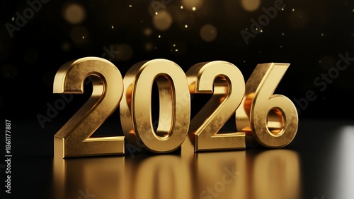 Golden 2026 numerals on a dark reflective surface with bokeh lights