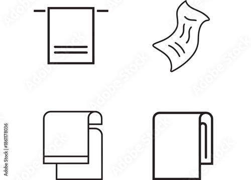 Minimalist line icons: hanging paper, cloth napkin, towels and folded towel