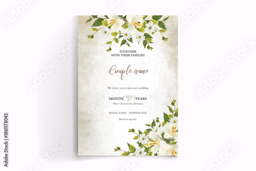 WEDDING INVITATION FRAME WITH FLOWER DECORATIONS AND FRESH LEAVES