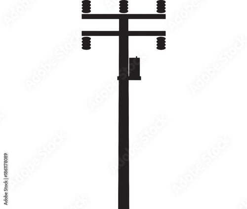 Silhouette of a utility power pole with insulators and a transformer box