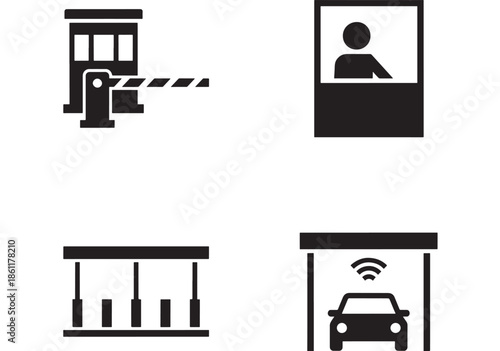 Four black vector icons: toll barrier gate, photo ID frame, hanging pendant lights, and car under a canopy with WiFi symbol