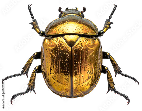 Top-down view of a golden beetle with intricate carapace details