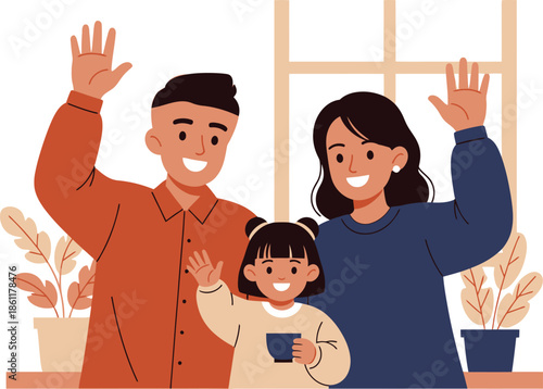 Happy family illustration with parents and child cheerfully waving a warm hello or goodbye gesture, expressing welcome and friendly interaction from their home