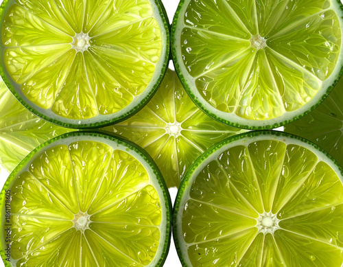 Sliced, juicy, bright green citrus fruits form a vibrant, textured pattern