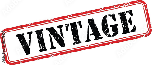 A visually striking red rectangular stamp boldly proclaiming the word vintage in large distressed black lettering stands out