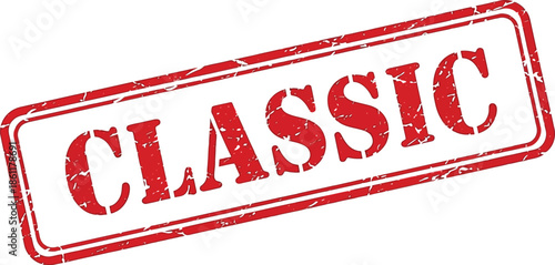 A red rectangular stamp with the word classic printed in bold white letters is prominently displayed against a white background