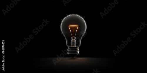 A lit lightbulb with a glowing filament stands out against a stark black background