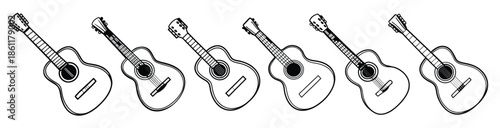 Six Black and White Acoustic Guitars Line Art Illustration