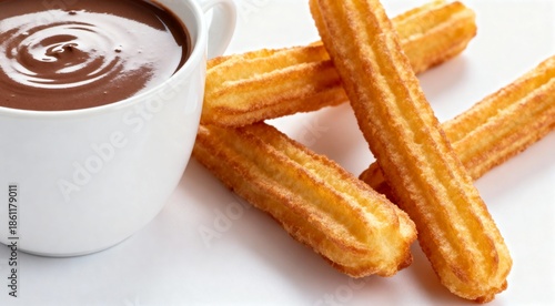 Spanish churros with hot thick chocolate in a white cup isolated on white background