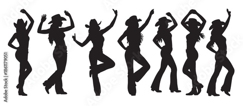 six silhouettes cowgirls dancing country western