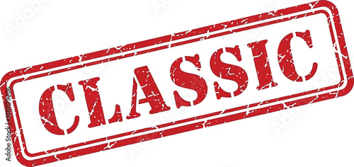 A close up view of a rectangular distressed red stamp displaying the word classic in bold lettering