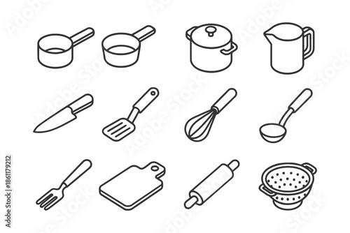 Line art kitchen utensils and cookware: pots, pans, and tools collection.