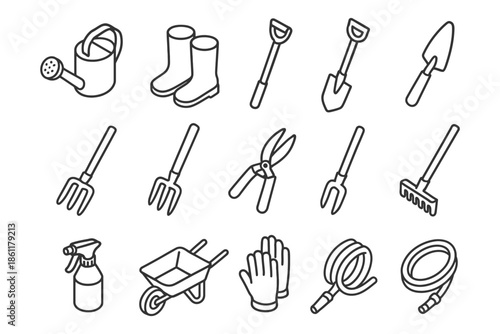 Black and white gardening tool icons set with watering can, shovel, fork, wheelbarrow.