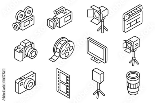 Outline icons of videography tools: cameras, lights, film reel, screen.