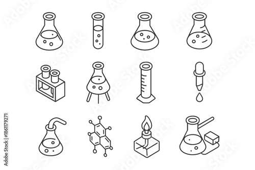 Collection of laboratory equipment line art with beakers and test tubes.