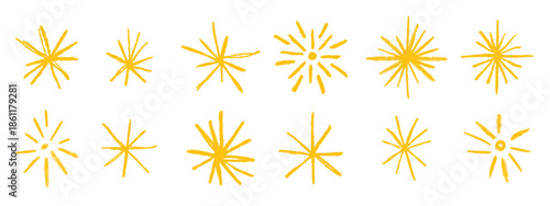 yellow crayon hand drawn stars and sparkles set golden 