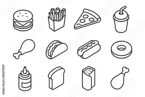 Outline icons of popular fast food items: burger, fries, pizza, hot dog, taco, and more.