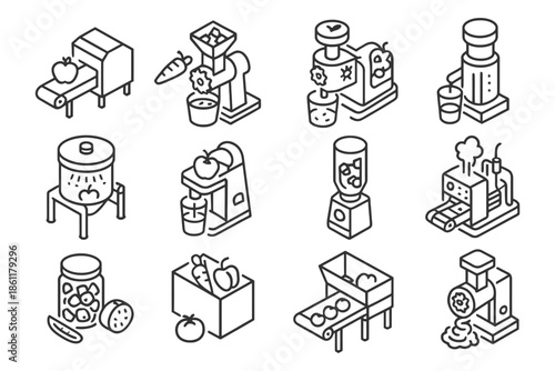 Set of iconic juice maker machines and fresh produce illustrations.