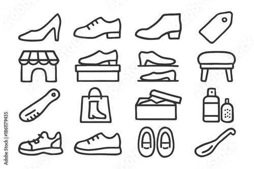 Footwear and accessories: shoe store icons collection.