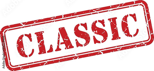 A detailed view of a red classic stamp with distressed edges and bold white lettering presented on a white background