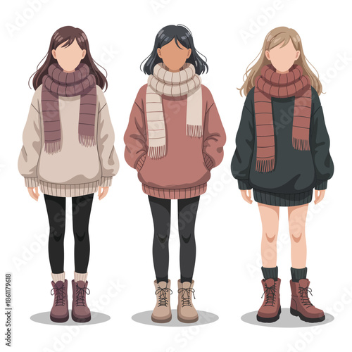 Illustration of three female characters wearing casual winter outfits sweater scarf and boots for trendy fashion style
