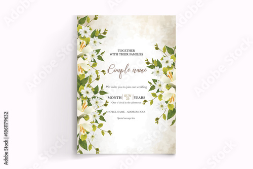 WEDDING INVITATION FRAME WITH FLOWER DECORATIONS AND FRESH LEAVES