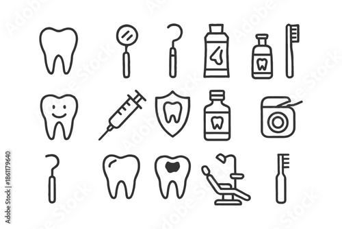 Dental care icons: toothpaste, toothbrush, floss, mirror, chair, teeth symbols.
