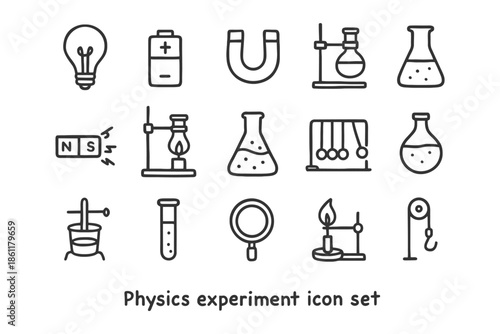 Physics experiment icon set: lightbulb, battery, magnet, lab equipment, beaker.