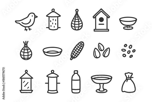 Bird feeder icons: simple line drawings of feeders, seeds, birdhouses, and seeds.