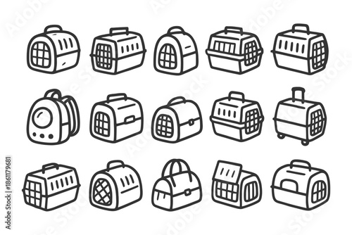 Diverse pet carriers collection: backpacks, trolleys, handbags in various designs.