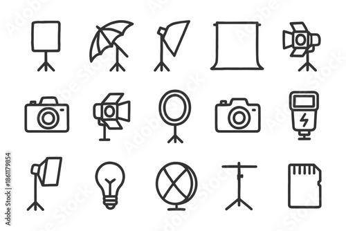 Essential photography equipment icons: cameras, lighting, and backdrop tools.