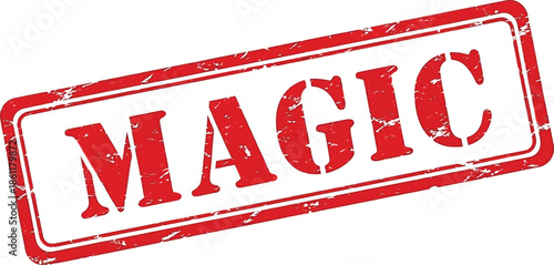 A vibrant red rectangular stamp boldly proclaims the word magic in large white stylized lettering isolated on a white background