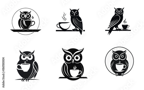 Silhouette illustration of an owl holding a cup of hot coffee on a white background, minimalist vector style.